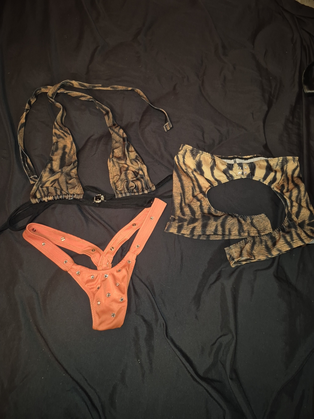 Tiger Print Bralette & Garter Shorts W 2 Thongs- Set